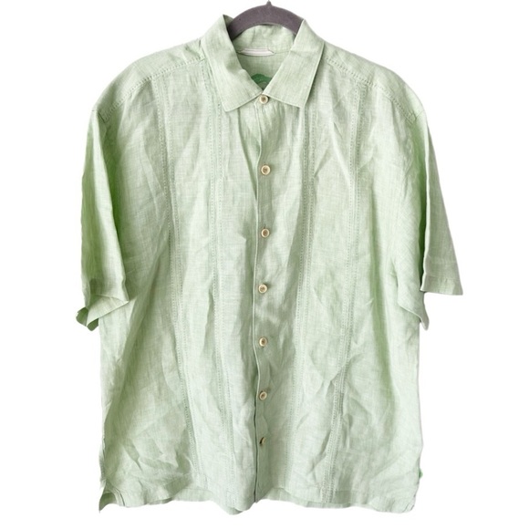 Tommy Bahama Shirt Men's Large 100% Linen Green Button Down Resortwear Tropical - Picture 1 of 10